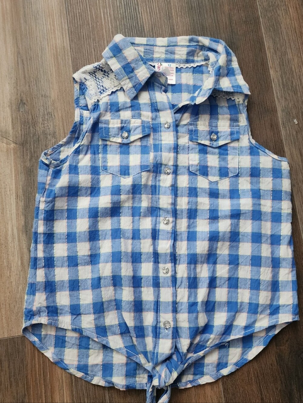 Girls Blue & White Plaid Sleeveless Button-Down Shirt - Tie Front